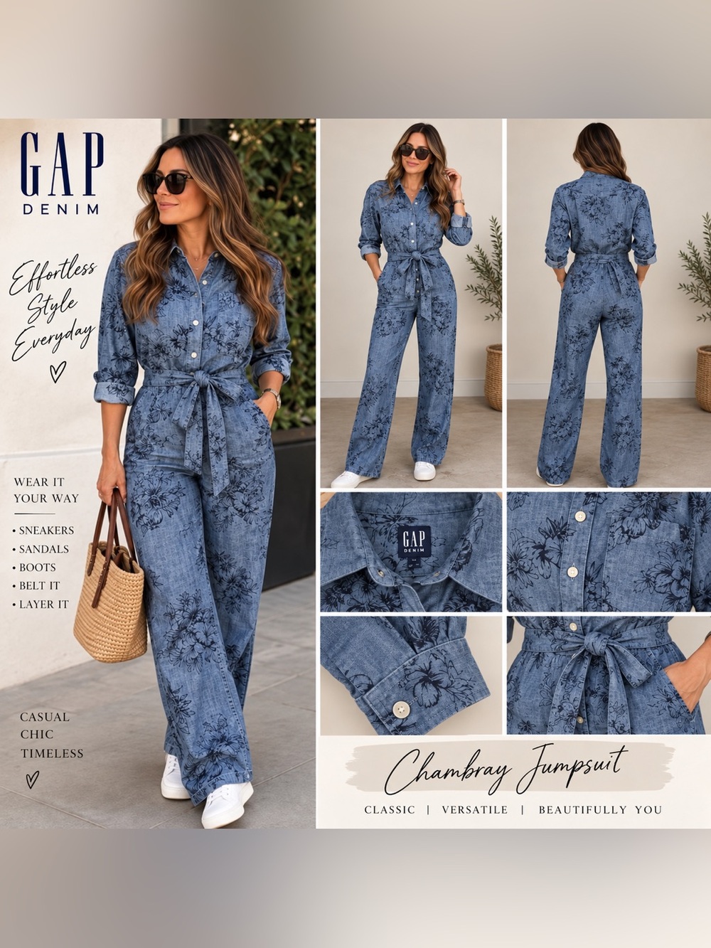 GAP Denim Blue Floral Chambray button front Jumpsuit